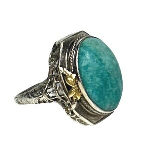 14KT GENUINE ANTIQUE ART NOUVEAU CHYROPRASE WHITE GOLD DECORATIVE RING